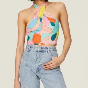 STAUD Women's Multicolor Sleeveless Twisted Halter Citrus Kai Crop Top, Size 12